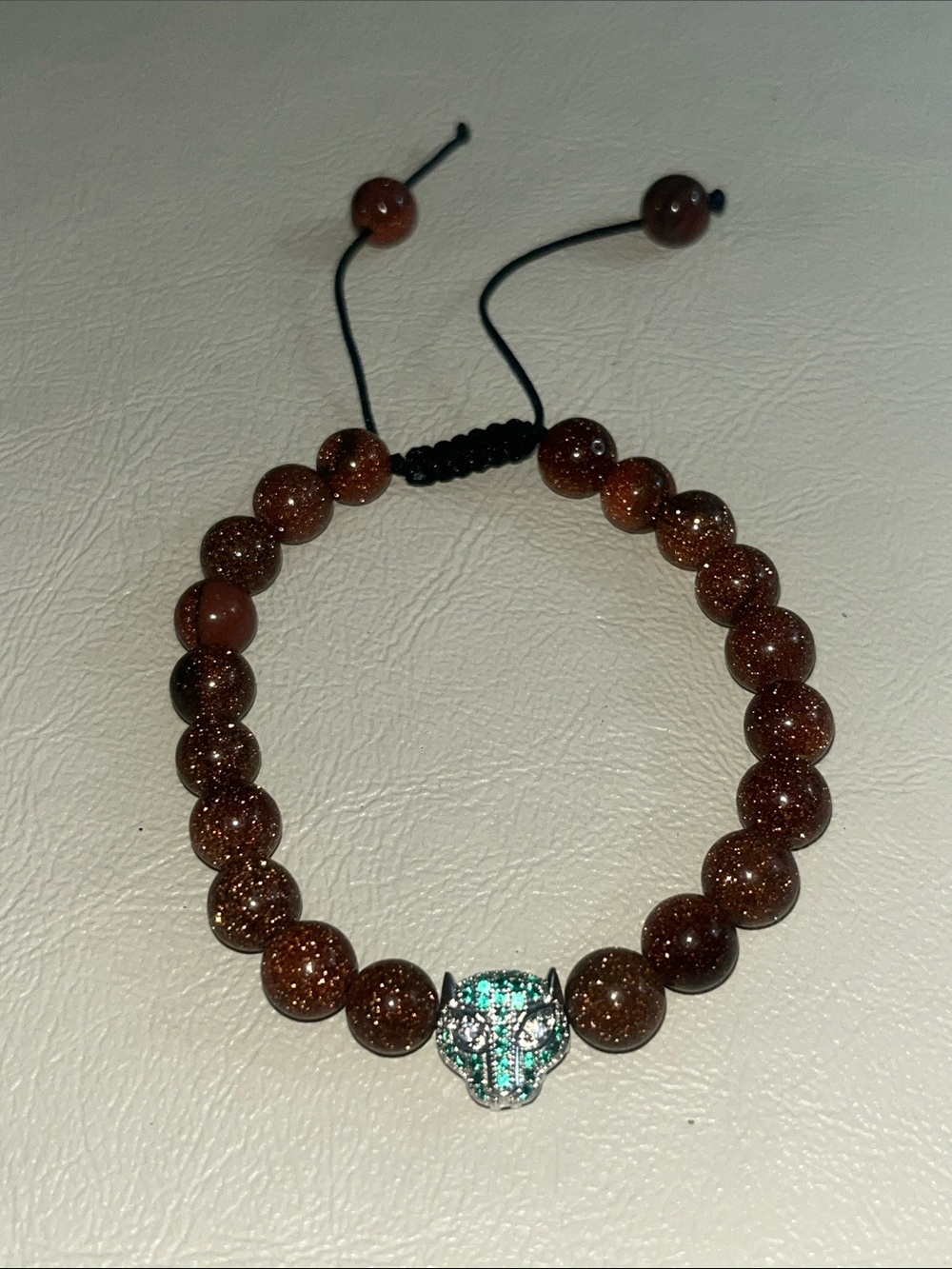 Brown Goldstone Beaded Bracelet with Pave Tiger Accent